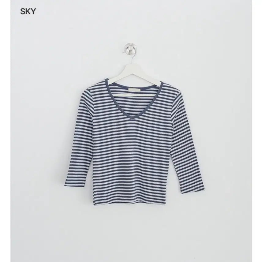 [BUNJANG] Daily J:U Sedian V-neck 7-sleeve Striped T-shirt / 데일리쥬 세디안 브이넥 단가라 7부 티셔츠