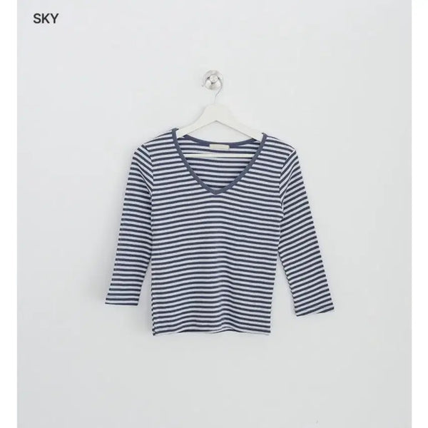 [BUNJANG] Daily J:U Sedian V-neck 7-sleeve Striped T-shirt / 데일리쥬 세디안 브이넥 단가라 7부 티셔츠