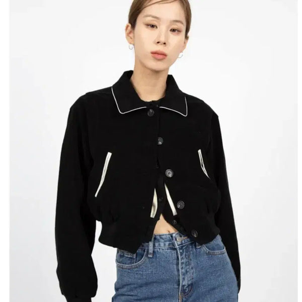 [BUNJANG] Litkim Ribbed Black Cropped Blouson Jacket / 릿킴 골지 블랙 크롭 블루종 자켓