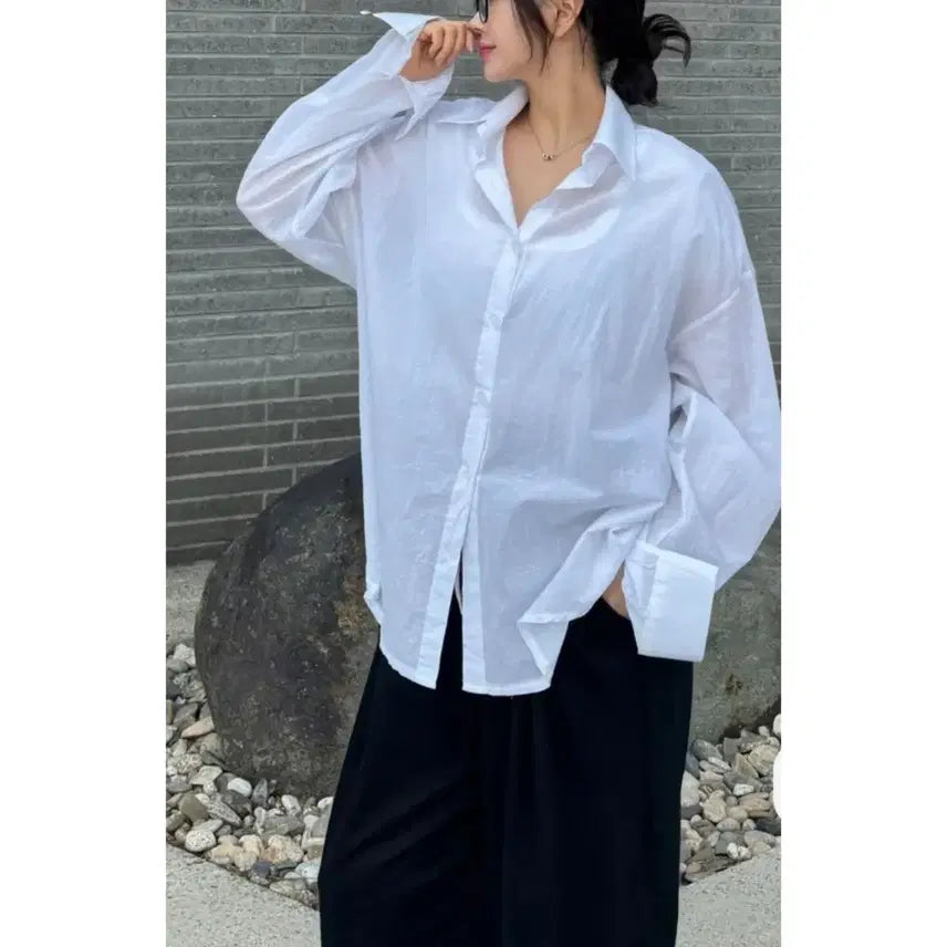 [BUNJANG] Loose Fit See-Through Cotton Shirt - White, One Size / 루즈핏 시스루 면 셔츠 - 화이트,프리