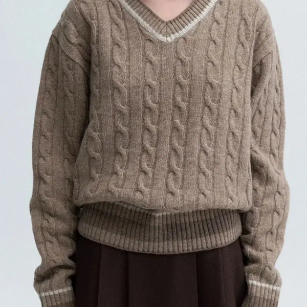 [BUNJANG] AUBEVOIR Cable Color-Blocked V-Neck Knit / 아우브아워 케이블 배색 브이넥 니트