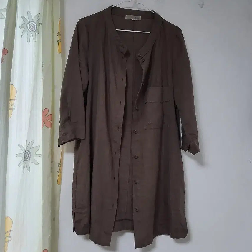 [BUNJANG] Linen Coffee Long Shirt Jacket (One Size Fits Most) / 린넨 커피색 롱 셔츠형 자켓 F( ~77)