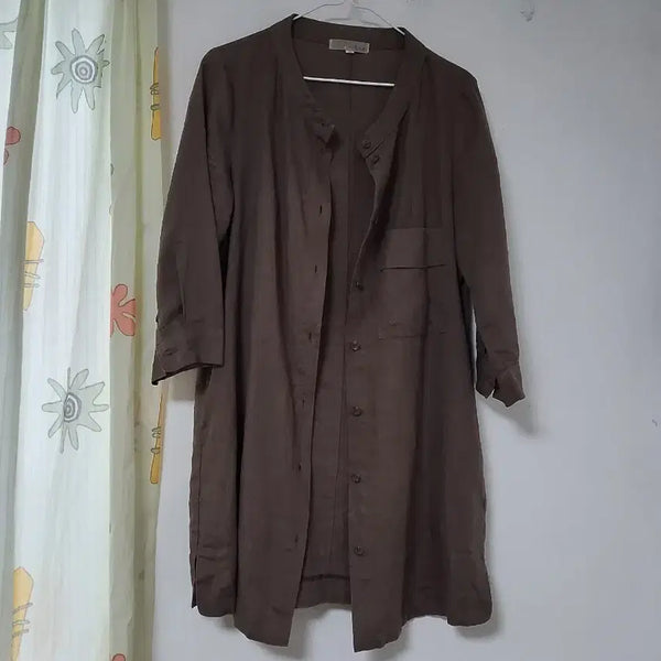 [BUNJANG] Linen Coffee Long Shirt Jacket (One Size Fits Most) / 린넨 커피색 롱 셔츠형 자켓 F( ~77)