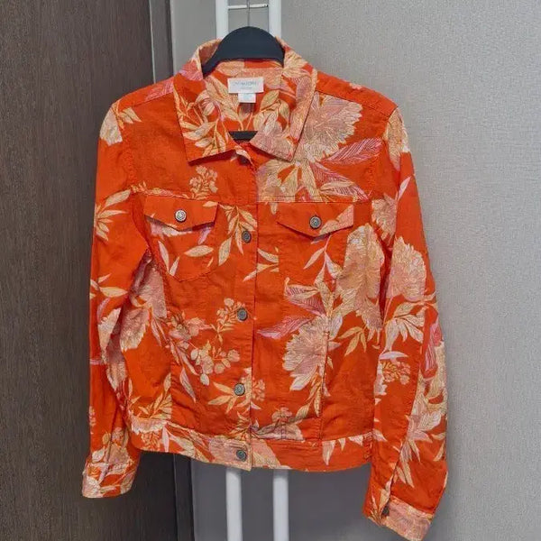 [BUNJANG] Orange Floral Linen 100% Denim Jacket (M/95) / 오렌지 플로럴 데님 린넨100 자켓 (M/95)