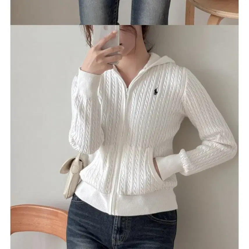 [BUNJANG] Polo Ralph Lauren Girls Mini Cable Knit Full-Zip Hoodie White XL / [새상품] 폴로 랄프로렌 미니 케이블 니트 후드집업 걸즈 화이트 xl