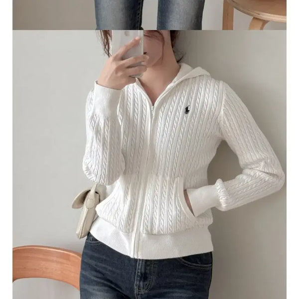 [BUNJANG] Polo Ralph Lauren Girls Mini Cable Knit Full-Zip Hoodie White XL / [새상품] 폴로 랄프로렌 미니 케이블 니트 후드집업 걸즈 화이트 xl