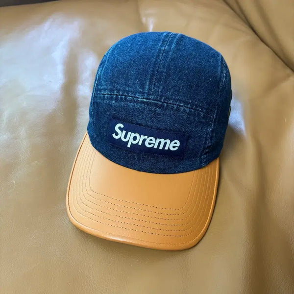 [BUNJANG] Supreme Denim Camp Cap Leather Visor / 슈프림 캠프캡 모자 박스로고 레더 바이저 데님