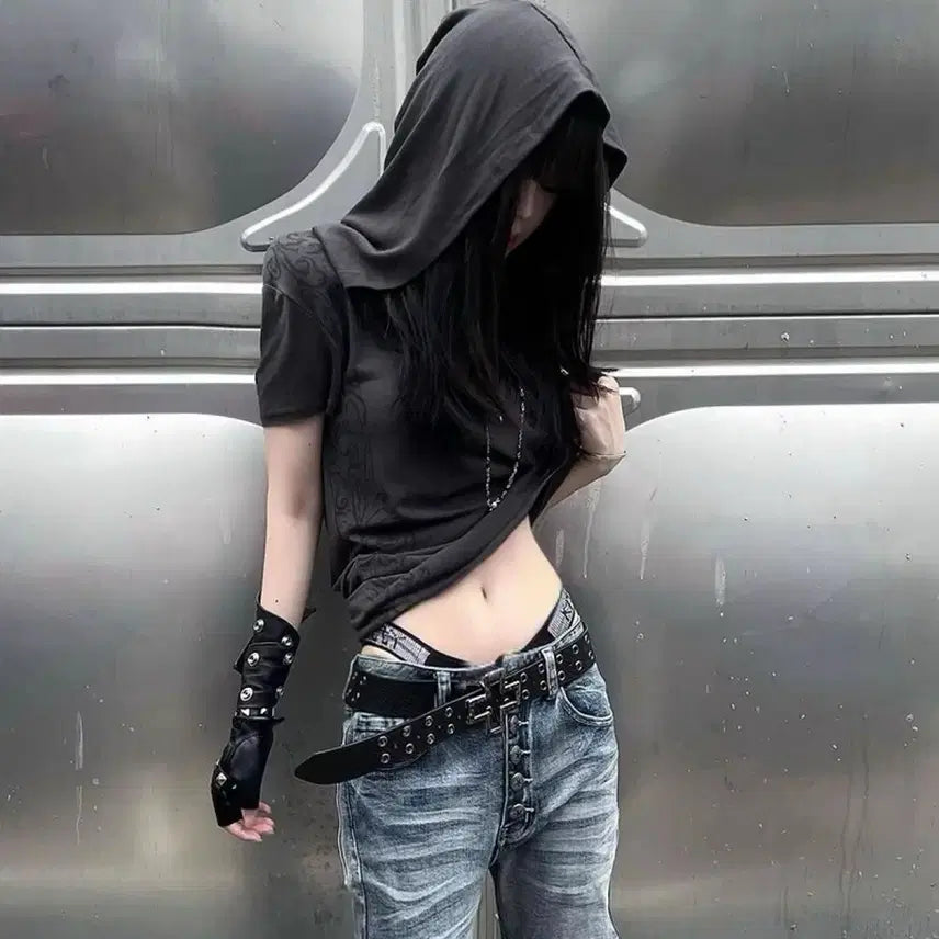 [BUNJANG] Subculture Dark Grunge Hooded Half-Sleeve T-Shirt / 서브컬처 다크 그런지 후드 일체형 반팔티 와이스트 슬림 몸매잡는 티셔츠