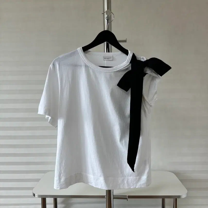 [BUNJANG] Dries Van Noten White Shirred Ribbon Short Sleeve T-Shirt / 드리스 반 노튼 리본 반팔