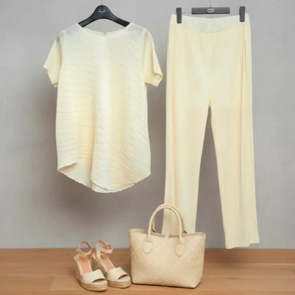 [BUNJANG] Women's Pleated Top & Pants Set (55-66 Size) / 새상품 55~66 여성 플리츠 상하의세트 블라우스 바지 밴딩 바지 새제품