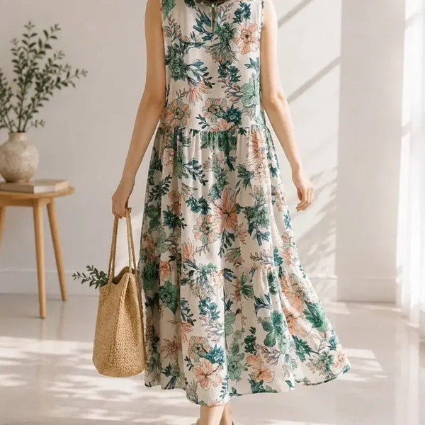 [BUNJANG] Asa Cotton Floral Sleeveless Long Dress / 아사면 플로럴 패턴 민소매 롱 원피스