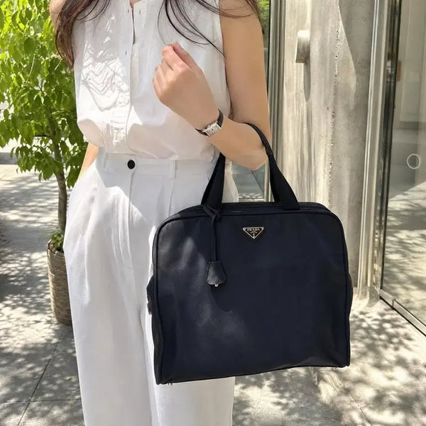 [BUNJANG] Prada Pocono Nylon Triangle Plate Tote Bag Black / 프라다 포코노 나일론 삼각 플레이트 토트백