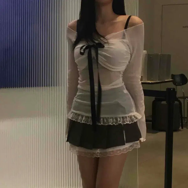 [BUNJANG] Ablie Romantic Mesh Shirring Off-Shoulder Ribbon Long Sleeve Top / 에이블리 로맨틱 메쉬 셔링 오프숄더 리본 긴팔티