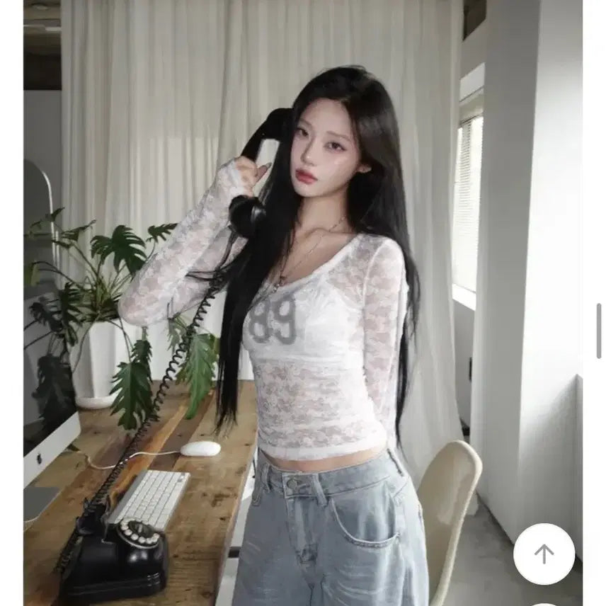 [BUNJANG] Sheer Lace Numbering Long Sleeve T-Shirt / 에이블리 시스루 레이스 넘버링 티셔츠 롱슬리브