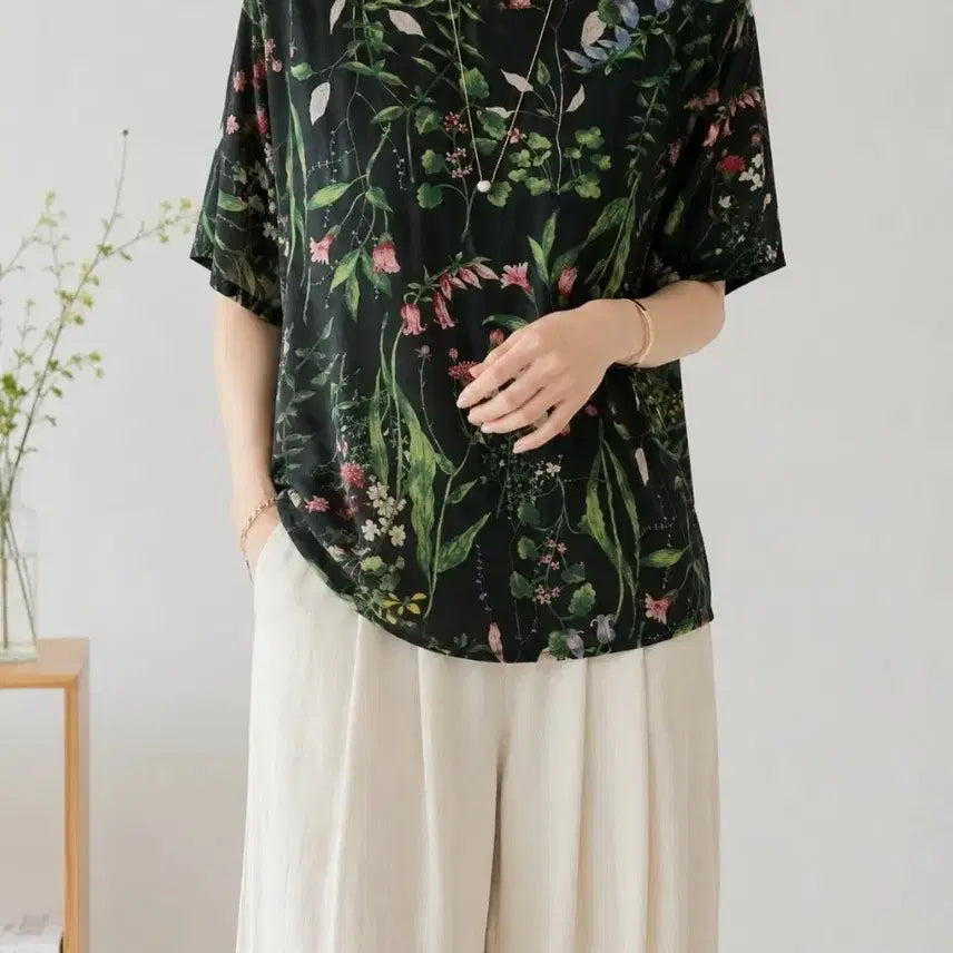 [BUNJANG] Black Pattern Rayon Blouse / 인견 블랙 패턴 블라우스