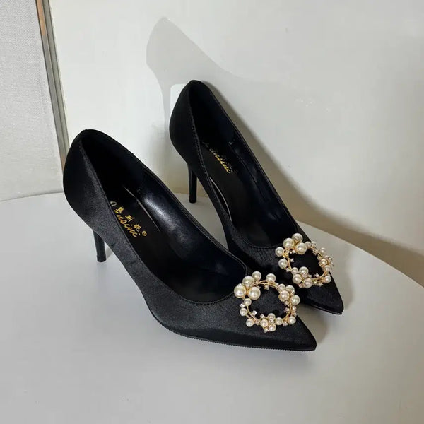 [BUNJANG] Black Satin Pearl Cubic Pumps High Heels (230 Size, 8cm Heel) / @새상품 230사이즈 8cm 블랙 새틴 진주 큐빅 펌프스 하이힐 구두