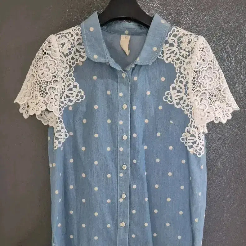 [BUNJANG] OZOC Dot Lace Denim Shirt / 한섬 오즈세컨 도트 레이스 데님 셔츠 오즈세컨 블라우스