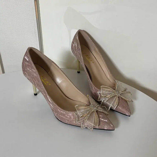 [BUNJANG] Pink Glitter Ribbon Cubic High Heels Pumps (Size 250, 8cm Heel) / #새상품 250사이즈 8cm 핑크 글리터 리본 큐빅 하이힐 펌프스 구두