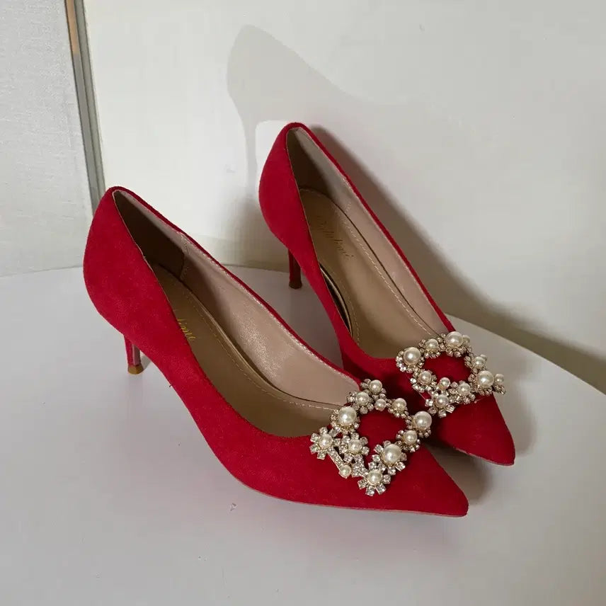 [BUNJANG] Red Suede Cubic Pearl Pumps High Heels (230 Size, 7cm) / @새상품 230사이즈 7cm 레드 스웨이드 큐빅 진주 펌프스 하이힐 구두