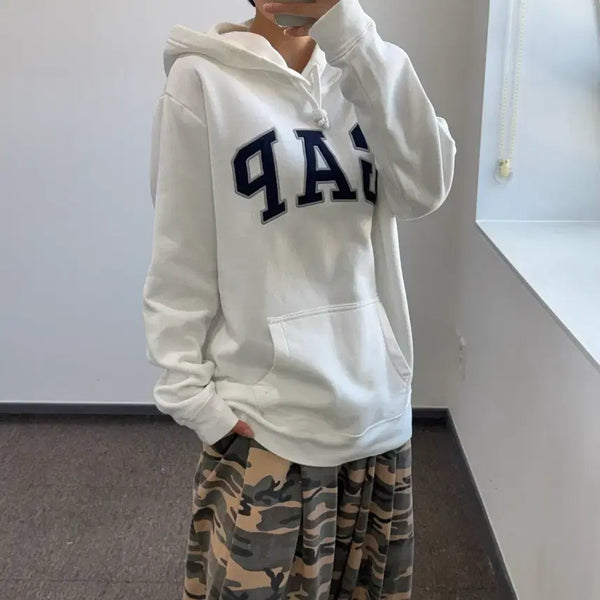 [BUNJANG] Gap Navy Logo Hoodie Ivory / Gap 갭 네이비 로고 아이보리 후드티