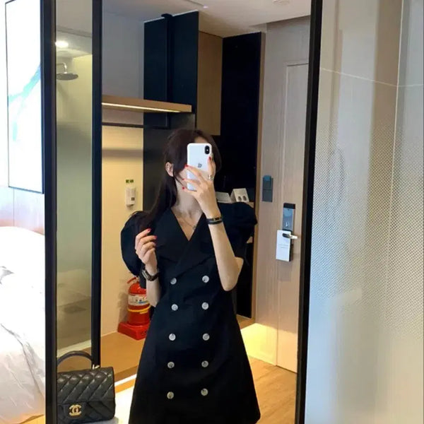 [BUNJANG] Puff Sleeve Button Dress Set (Black & White) / 퍼프 단추 원피스 ( 블랙 & 화이트 세트 )