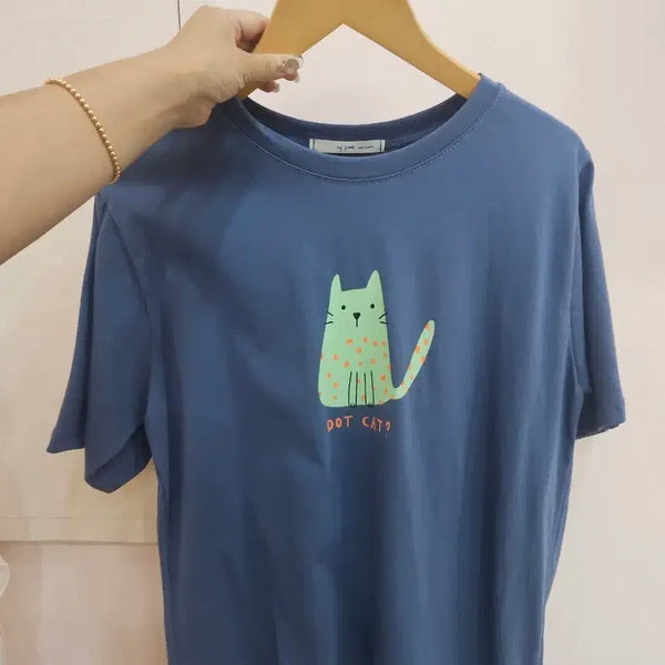 [BUNJANG] Navy Cat Character Short Sleeve T-Shirt / 네이비 고양이 캐릭터 반팔 티셔츠 F