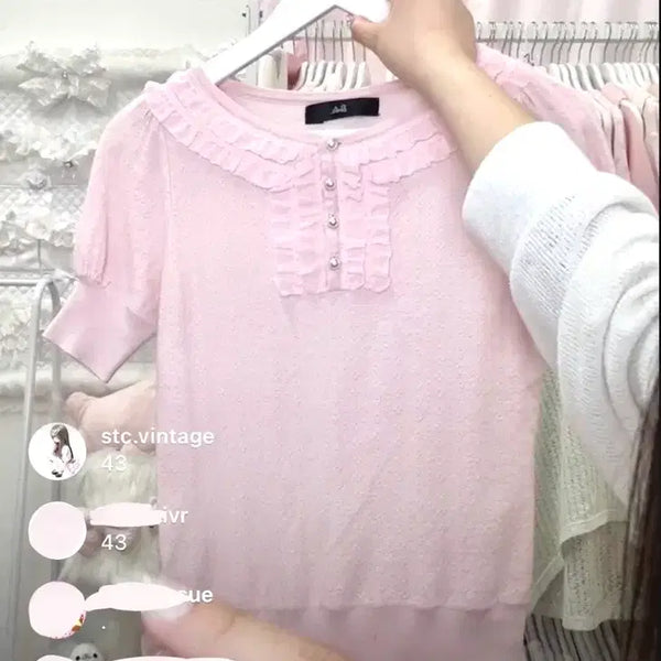 [BUNJANG] Hime Gyaru Lolita Style Frill Short Sleeve T-Shirt / stc빈티지 히메갸루 로걀탑 연핑크 딸기우유 프릴 반팔