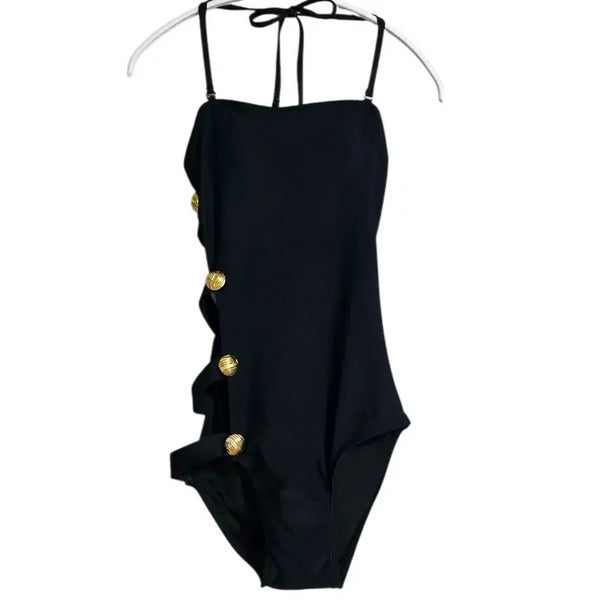 [BUNJANG] Black Gold Button Monokini Swimsuit / 골드버튼 모노키니 수영복 (새상품)