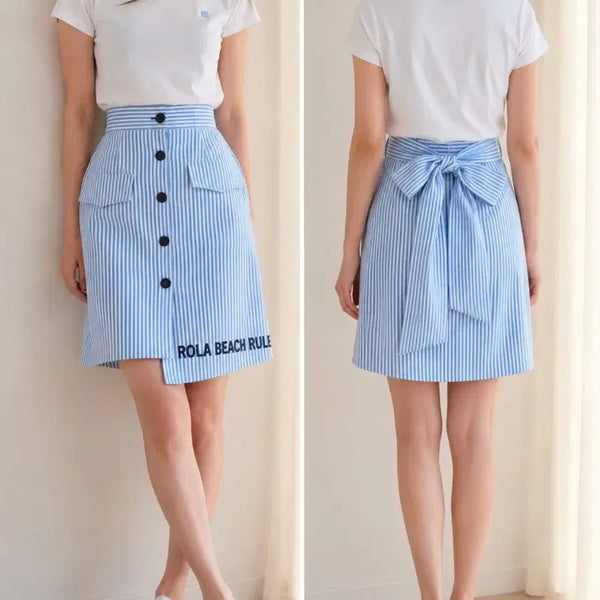 [BUNJANG] Rolarola Stripe Ribbon Skirt Sky Blue Pocket Detail / 로라로라 스트라이프 리본 스커트 하늘색 포켓장식