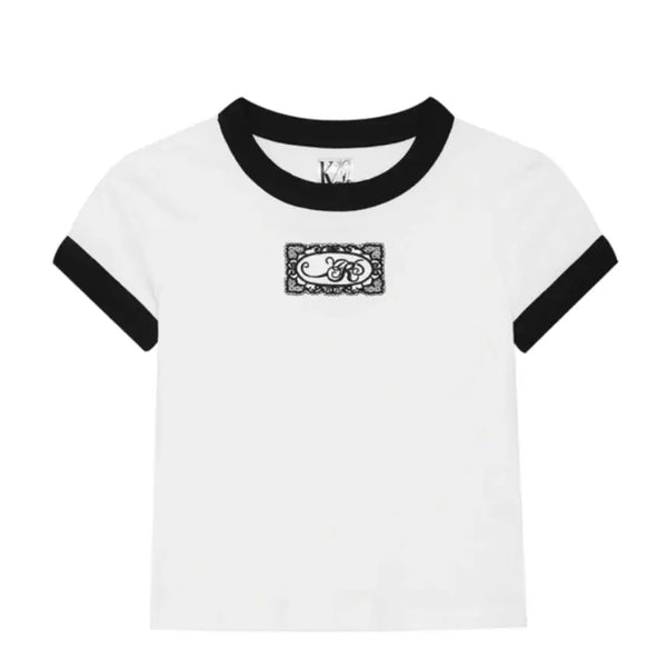 [BUNJANG] Kashiko Lace Embroidered Ringer Tee White / 카시코 반팔 티 화이트 Lace Embroidered Ringer