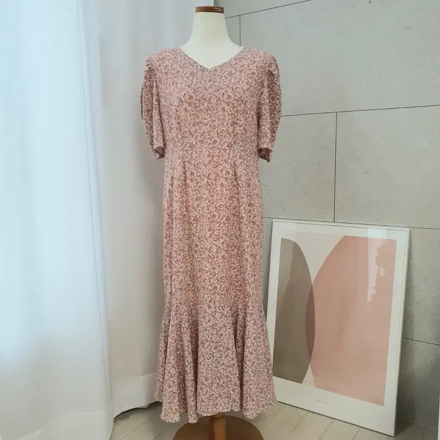 [BUNJANG] Flower Pattern Puff Sleeve Long Dress - Pink / 플라워 패턴 퍼프 소매 롱 원피스 핑크