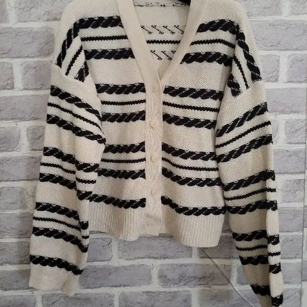 [BUNJANG] Ivory & Black Stripe Knit Cardigan / 아이보리 앤 블랙 스트라이프 니트 가디건/알뜰한여우