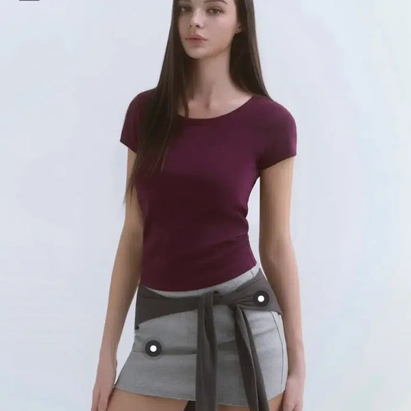 [BUNJANG] Musinsa Standard Women's Slim Scoop Neck Cap Sleeve T-shirt [Plum] / 무신사 스탠다드 우먼즈 슬림 스쿱 넥 캡 슬리브 티셔츠 [플럼]