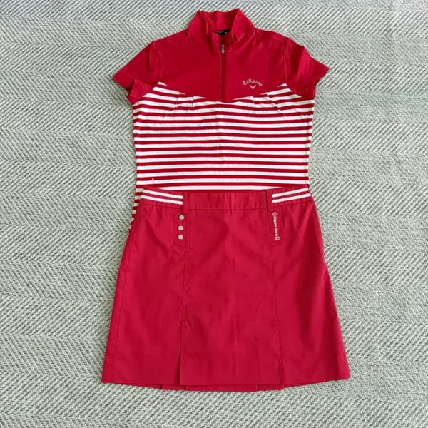 [BUNJANG] Callaway Elegance Red Striped Golf Set Top & Skirt / 캘러웨/엘레강스 래드 골프 셑