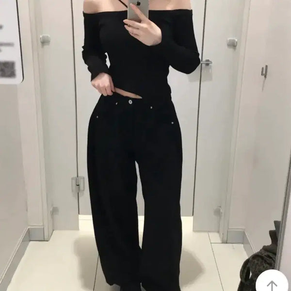 [BUNJANG] Off-Shoulder Long-Sleeve Knit - Black / 오프숄더 스트랩 긴팔 니트 블랙