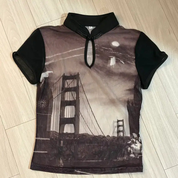 [BUNJANG] Y2K Style Chinese Collar Cropped Short Sleeve T-Shirt - Brown / 차이나넥 y2k 크롭 반팔 브라운