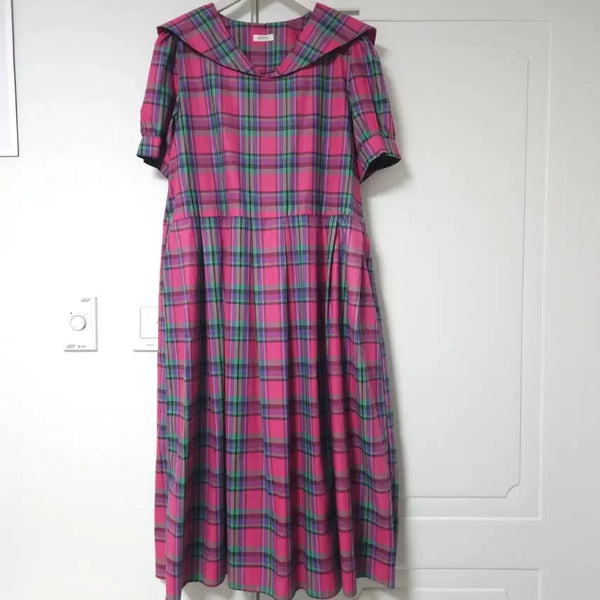 [BUNJANG] Sailor Collar Check Long Dress / 세일러카라 체크 롱원피스