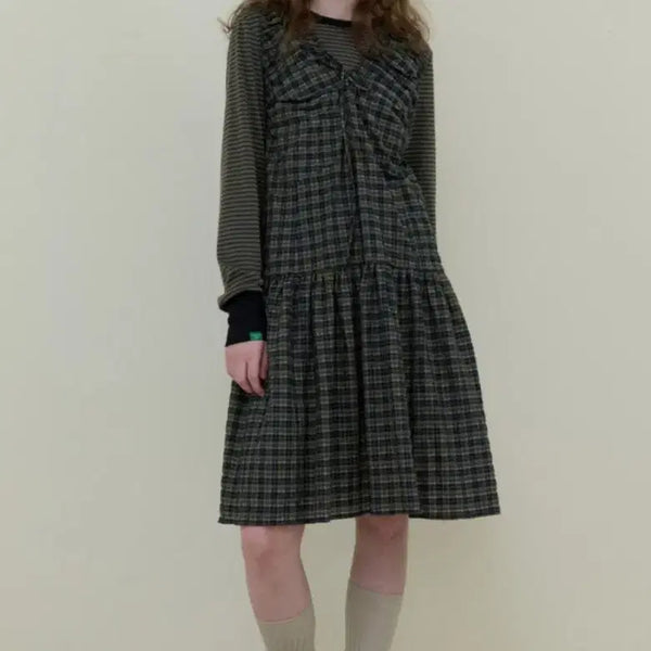 [BUNJANG] No Contents Check Banding Sleeveless Dress Khaki / 노컨텐츠 체크 밴딩 슬리브리스 원피스 카키