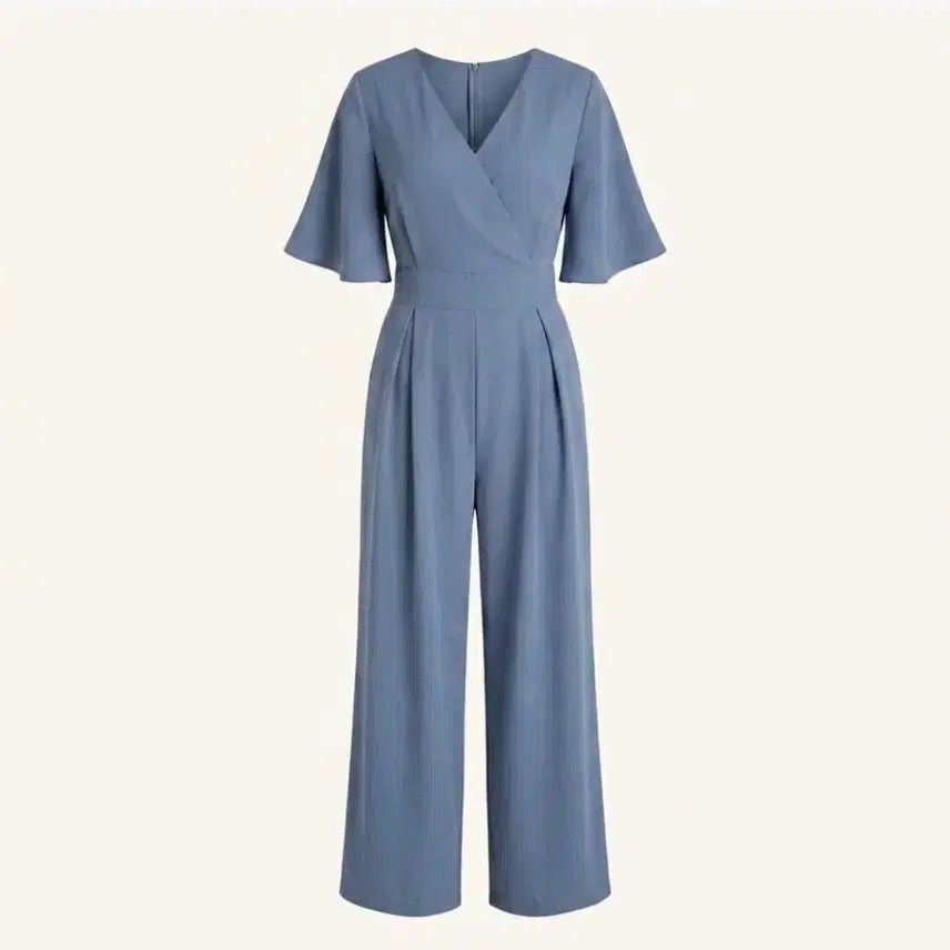 [BUNJANG] Blue Short-Sleeve V-Neck Wide-Leg Jumpsuit / 블루 반팔 정장 점프수트