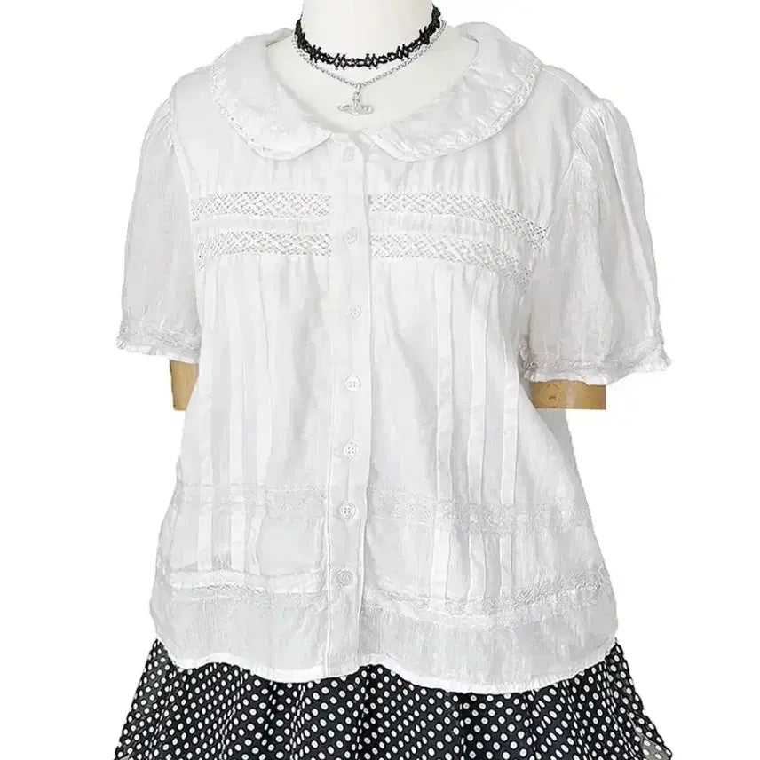 [BUNJANG] Vintage Japanese Round Collar Punch Lace Balloon Sleeve Short Sleeve Overshirt White / 일본빈티지 둥근카라펀칭레이스 벌룬소매반팔오버셔츠화이트모리걸갸루y2k히피