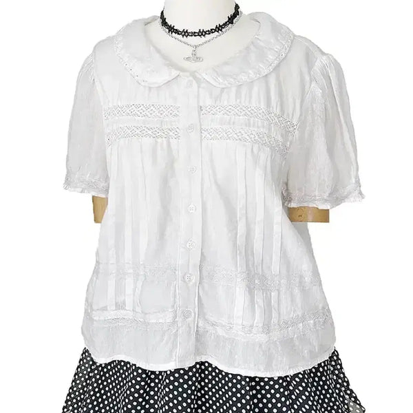 [BUNJANG] Vintage Japanese Round Collar Punch Lace Balloon Sleeve Short Sleeve Overshirt White / 일본빈티지 둥근카라펀칭레이스 벌룬소매반팔오버셔츠화이트모리걸갸루y2k히피