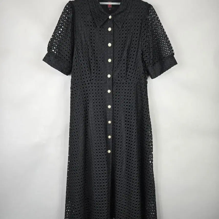 [BUNJANG] Stefanel Women's Black Cotton Blend Short Sleeve Long Dress with Pearl Buttons and Punch Detail / [무료배송]스테파넬 55 여성 스판 진주 단추 펀칭 반팔 롱 원피스 블랙