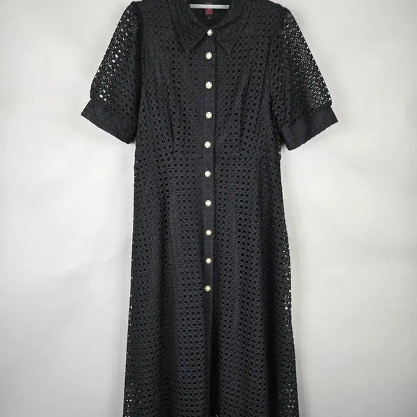 [BUNJANG] Stefanel Women's Black Cotton Blend Short Sleeve Long Dress with Pearl Buttons and Punch Detail / [무료배송]스테파넬 55 여성 스판 진주 단추 펀칭 반팔 롱 원피스 블랙