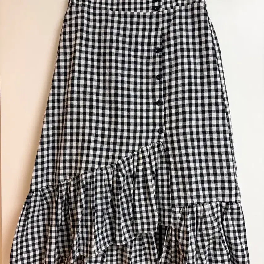 [BUNJANG] Check Pattern Ruffle Asymmetrical Long Skirt / 체크패턴 프릴 언발 롱 스커트