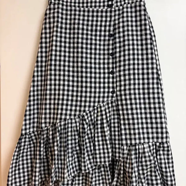 [BUNJANG] Check Pattern Ruffle Asymmetrical Long Skirt / 체크패턴 프릴 언발 롱 스커트