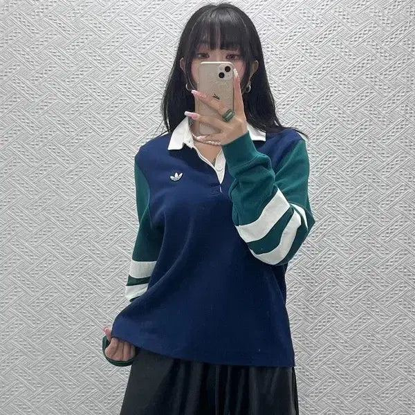 [BUNJANG] Adidas Old School Retro Casual Rugby Long Sleeve M / 아디다스 올드스쿨 레트로 캐주얼 럭비 카라 롱슬리브 M C12556