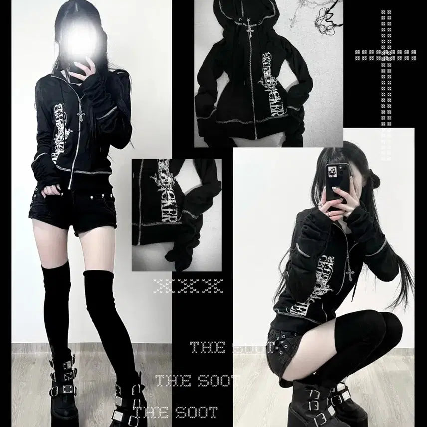 [BUNJANG] Gothic Vintage Skull Zip-Up Shorts Set / 고딕 빈티지 스컬 집업 반바지 set
