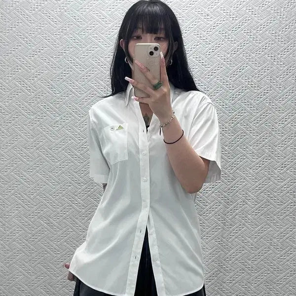 [BUNJANG] Adidas Vintage Casual Work Embroidered Short Sleeve Shirt 95 / 아디다스 빈티지 캐주얼 워크 포켓 자수 반팔 셔츠 95 C12553
