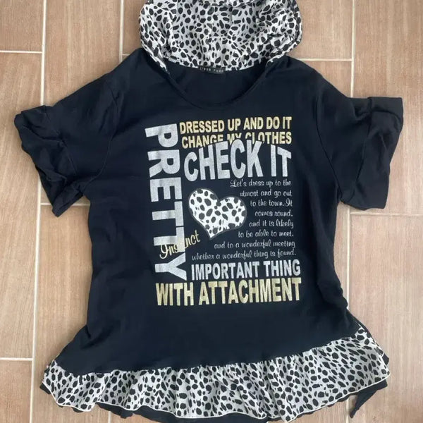 [BUNJANG] Vintage Gal Style Leopard Print Hooded Short Sleeve T-Shirt / 빈티지 갸루 레오파드 후드 반팔