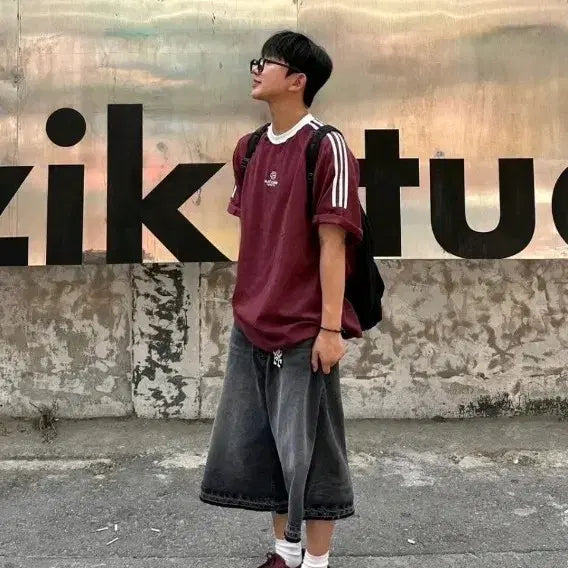[BUNJANG] Adidas Style Three-Stripes T-Shirt Burgundy / 아디다스스타일 삼선 반팔티 버건디색
